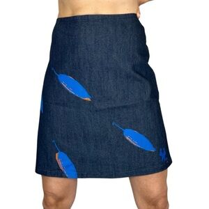 Olga Engelmann Peru hand stamped cacao pod a line dark denim mini skirt